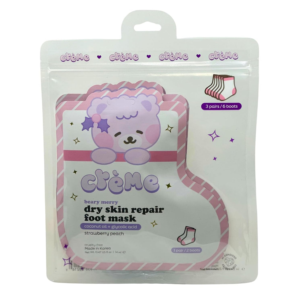 Creme Dry Skin Repair Foot Mask Strawberry Peach 3p